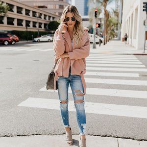 Pocketed Sherpa Motto Jacket - Mauve